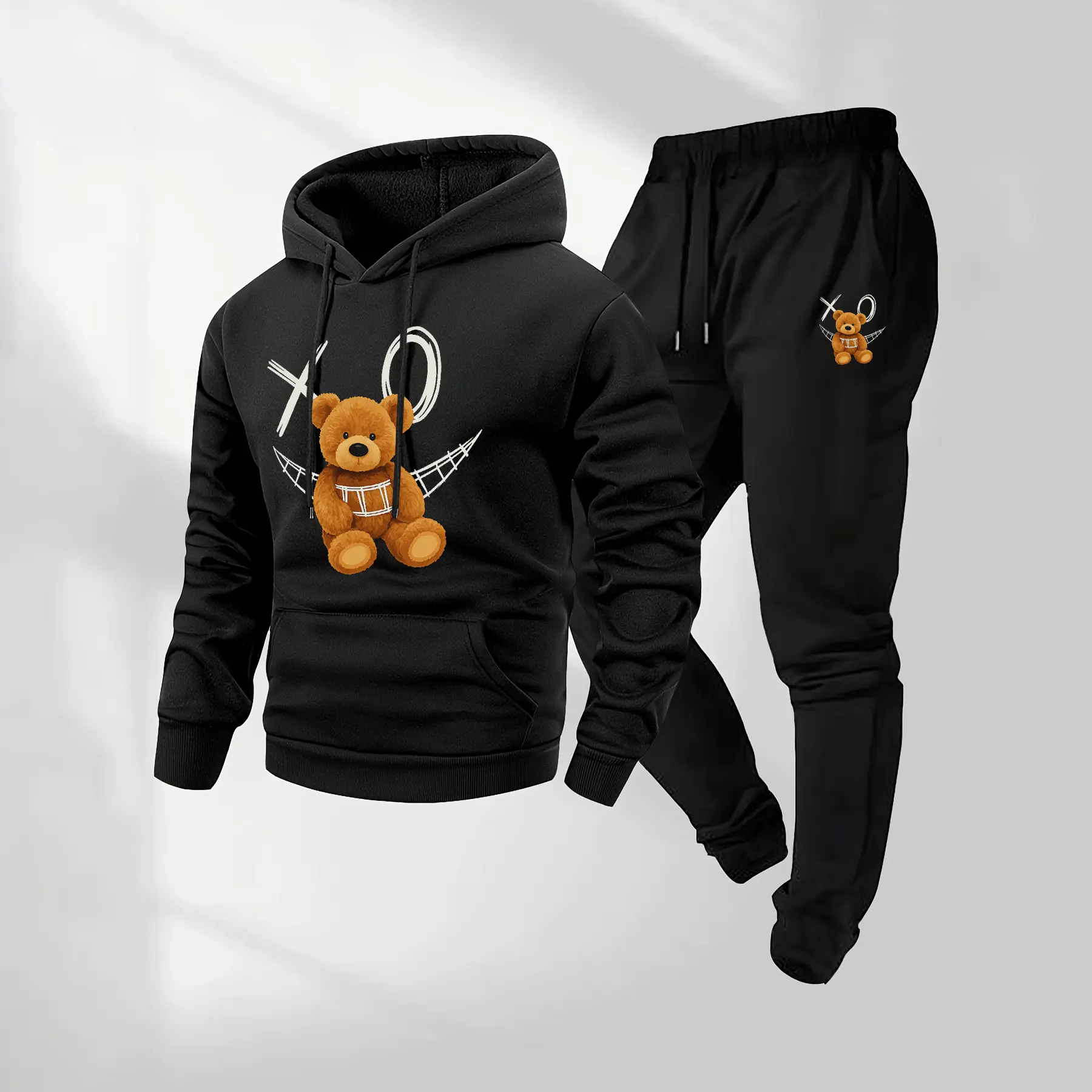 Men's 2-Piece XO Bear Pattern Hoodie & Drawstring Track Pants Athleisure Wear Set - Long Sleeve Hooded Jacket with Pockets, Jogger Pants, Fall Winter Casual Athletic Street Style Activewear
