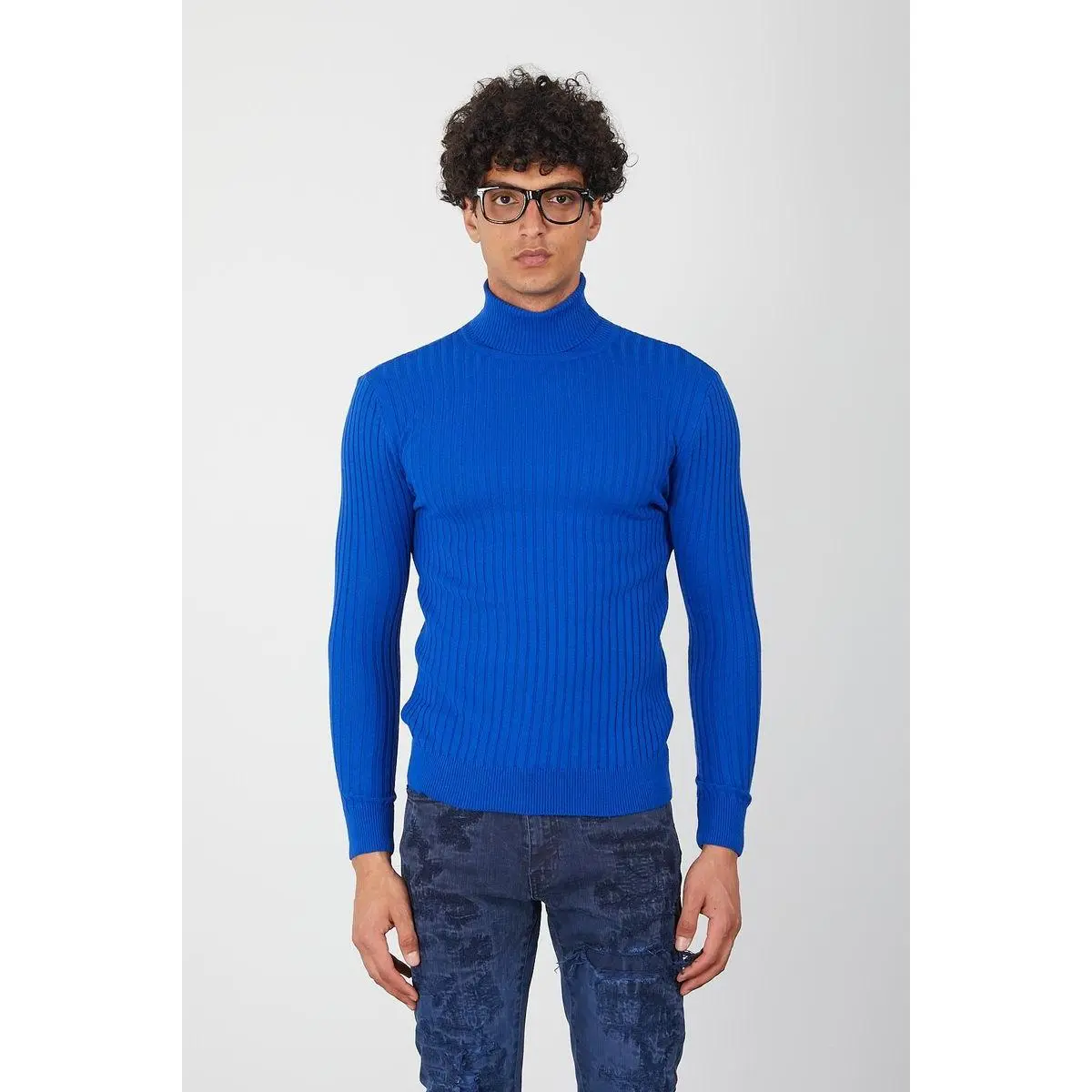 Royal Blue Ribbed Men’s Turtleneck-Slim Fit Pullover