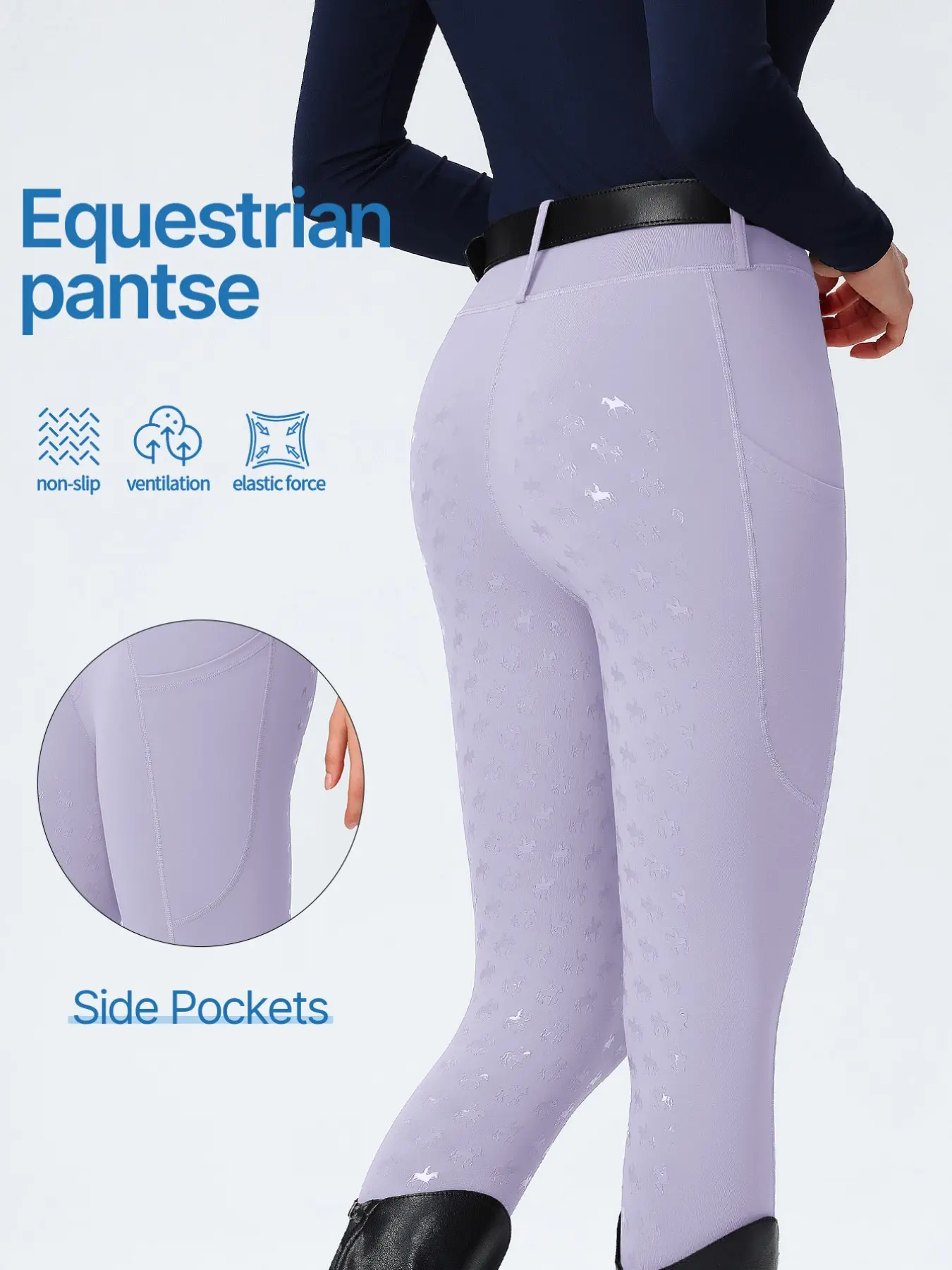 Women's Equestrian Riding Pants, Spring Summer Full Seat Anti-Slip Wear-Resistant, Side Pockets, High Elasticity, Quick-Dry, Breathable, No Belt Included
