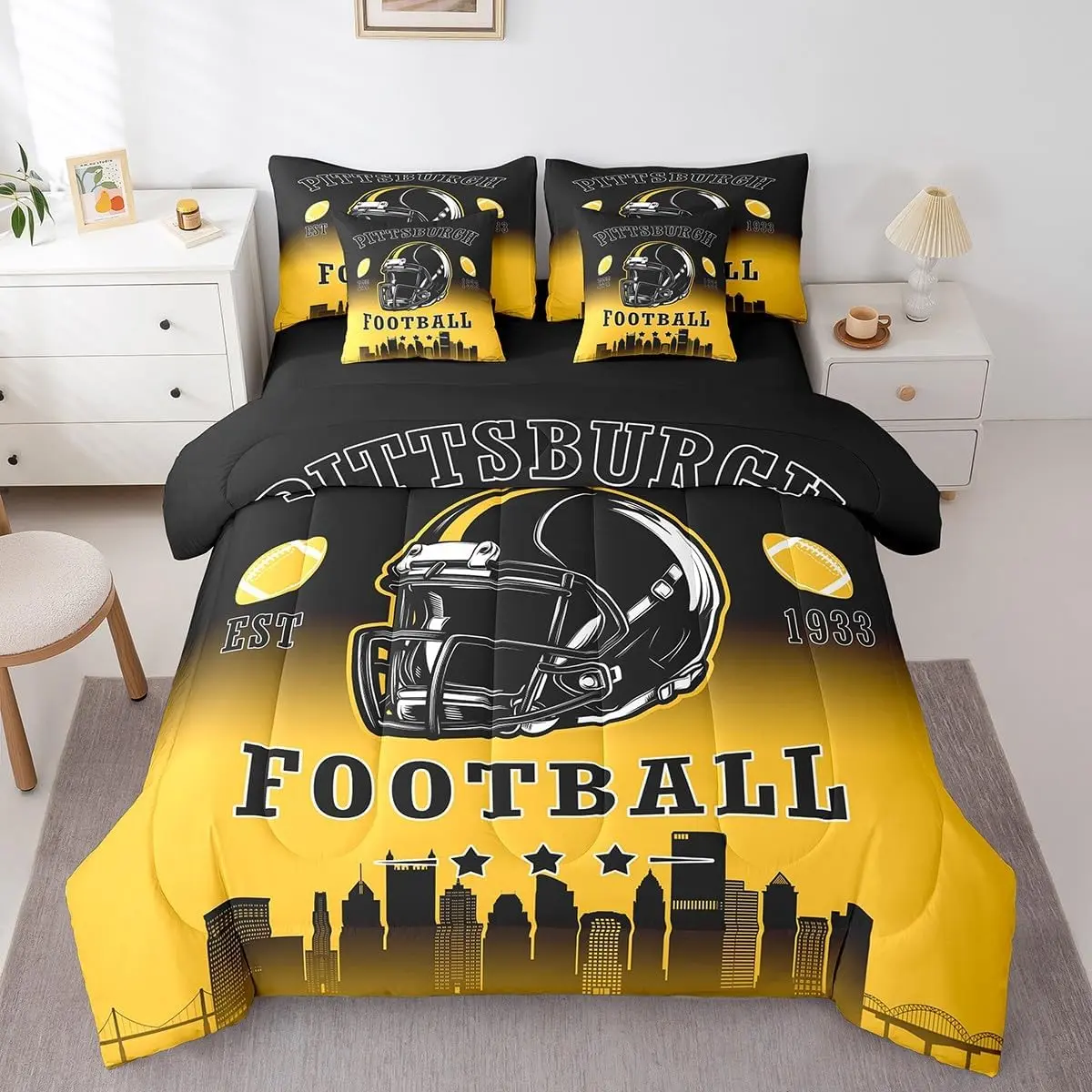 Feelyou 7-Piece Ultra Soft Microfiber Bedding Set - Black & Yellow Football Theme Bed Comforter Set for Sports Enthusiasts (Multi-Size Options Available), Luxury Bedding, Bed Cover Bedding Sets Collections