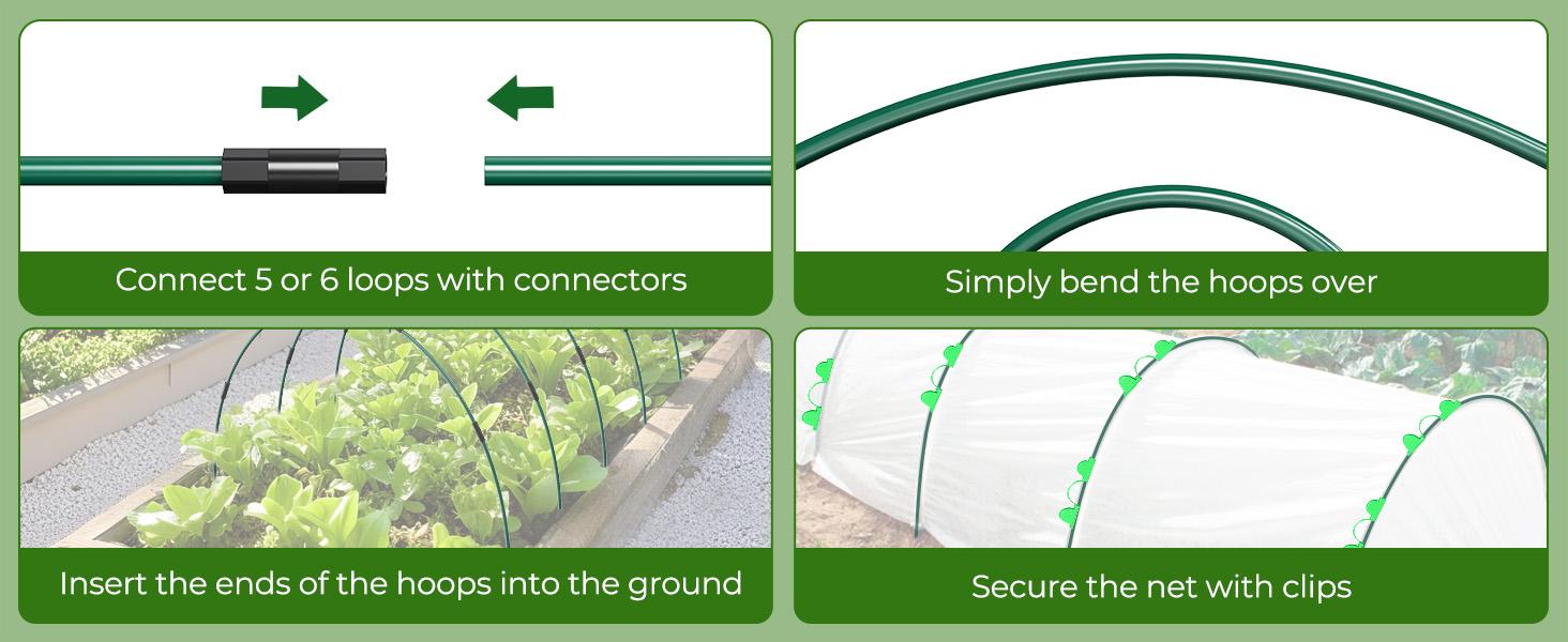 30/50pcs Of Garden Hoops, 69 Inches Wide Tunnel Greenhouse Frame, Rust-Resistant Fiberglass Support Hoops, Double-Layered with 18/30 Clips And 24/40 Connectors, Flexible Grow Tunnel for Plant Covering, Plant Support Garden Stakes, Gardening Tools