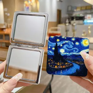 "Starry Night" Double-Sided Compact Mirror - A Portable Folding Makeup Handheld Mirror Featuring 2X Magnification, Ideal for Travel, with a Vintage Design Inspired by Van Gogh, Perfect for Your Purse, Pocket, Or Handbag