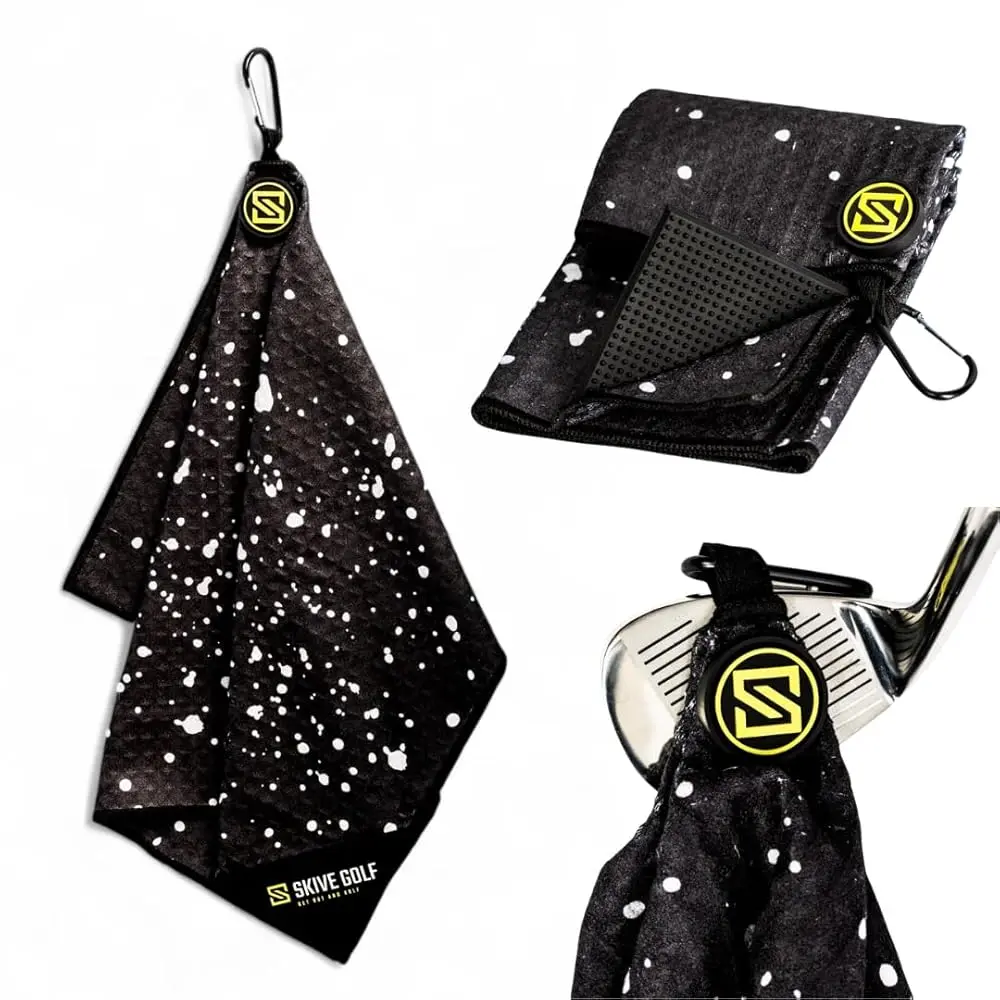 Skive Golf Magnetic Towel with Silicone Brush for Bags, Super Absorbent Microfiber Waffle Design, Strong Magnet, Black w/White Drip