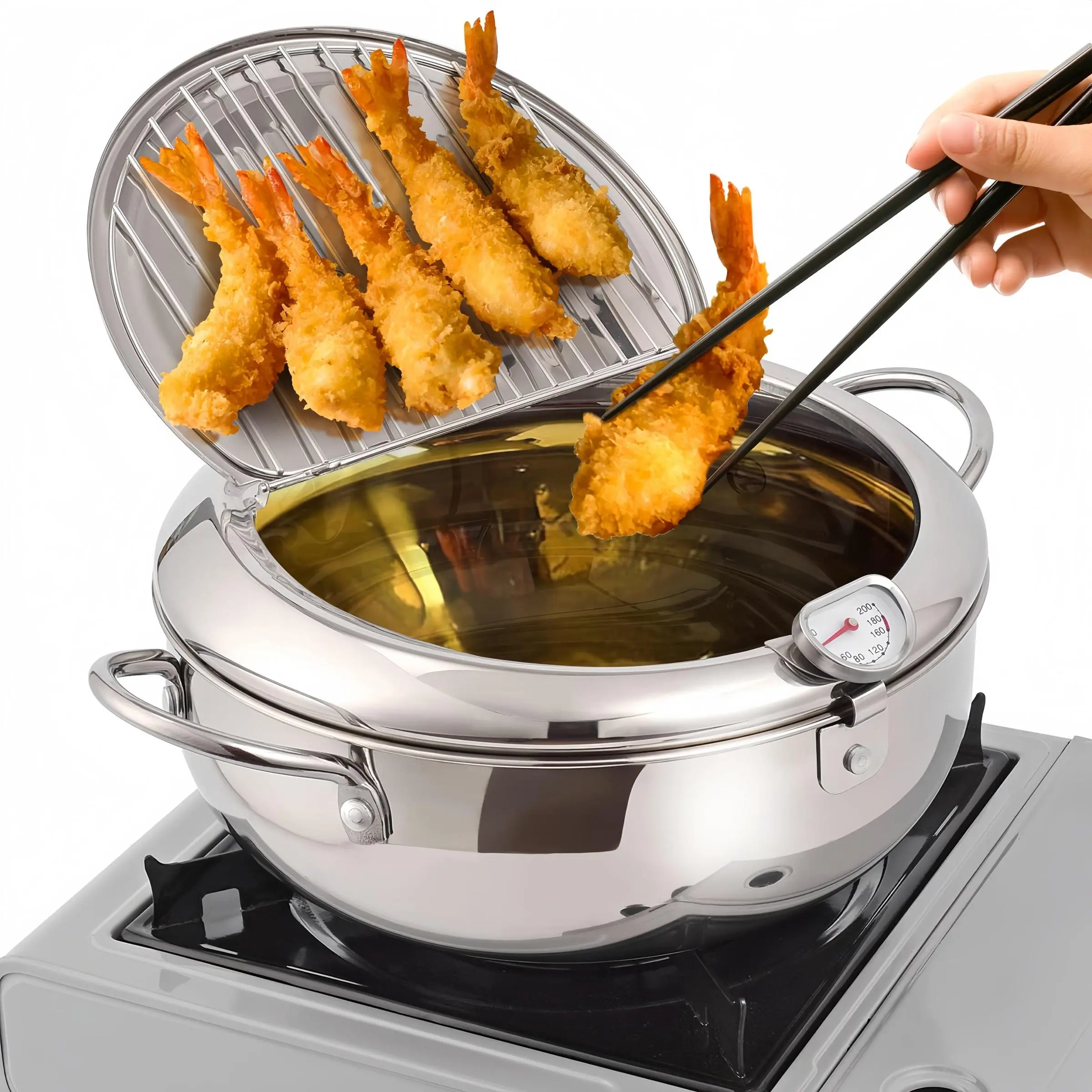 Stainless Steel Deep Fryer Pot with Temperature Control & Oil Drip Rack, Household Kitchen Fryer Pot for French Fries, Chicken, Durable Multifunctional Cookware, Adjustable Temperature Fryer, Fish Fryer Boiler, Home Deep Fryer