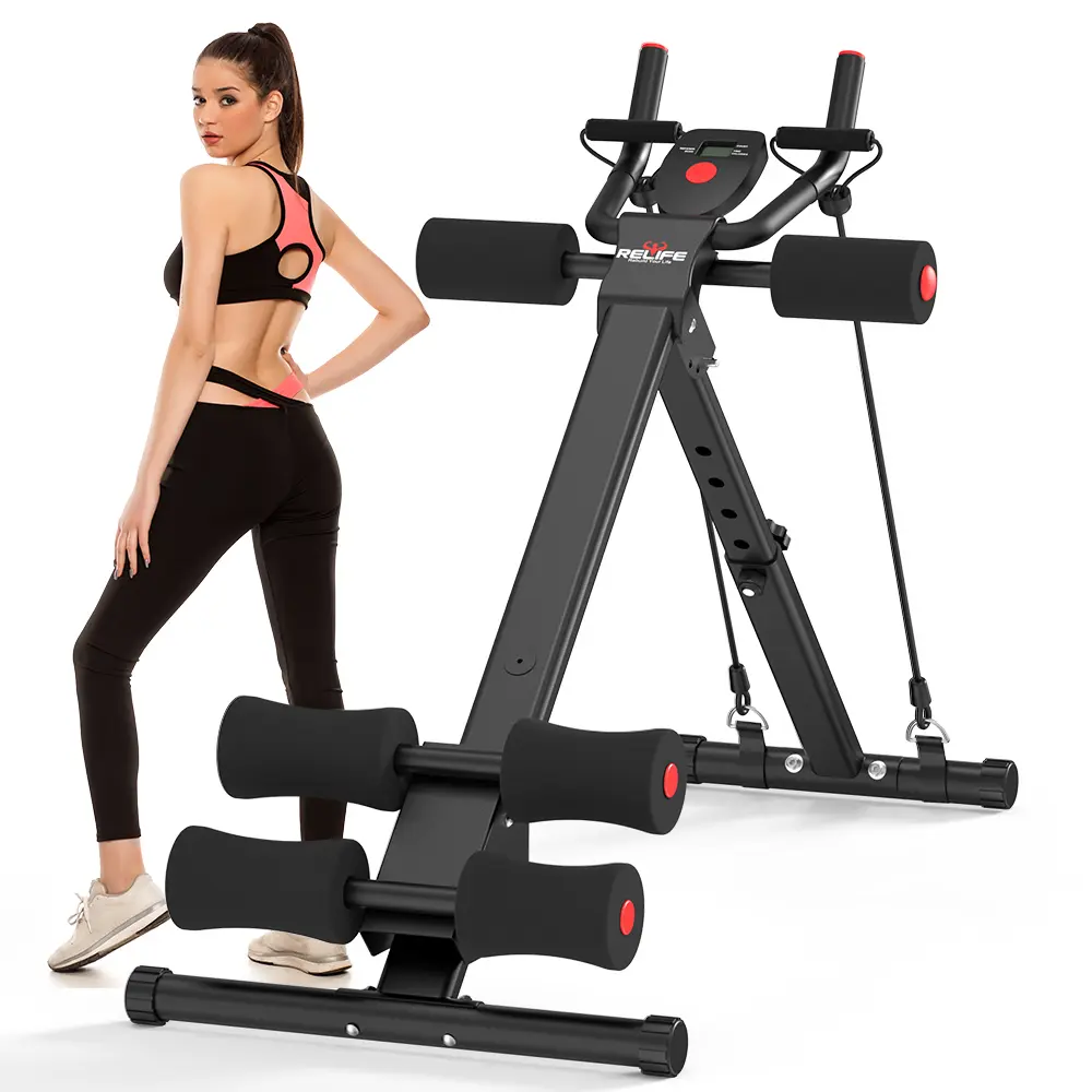 RELIFESPORTS Ab Machine, Foldable Core Ab Training Exercise Equipment for At Home Gym, Adjustable Steel Trainer with LCD Monitor and Resistance Bands