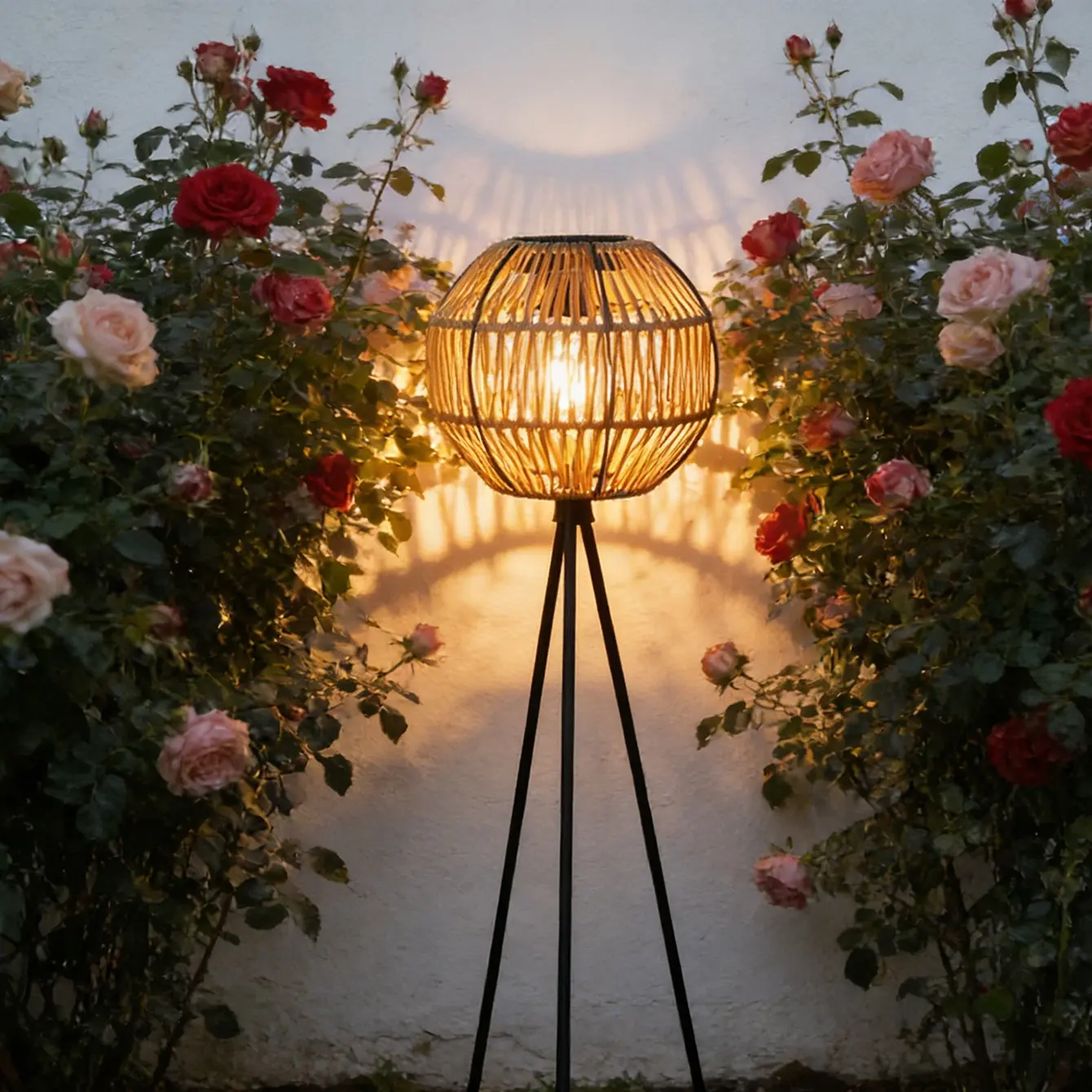 Solar Woven Floor Lamp with Edison Bulb, Floor Standing Lamp, Bohemian Style Tripod, Ambiance Lighting, Decorative Lamp, Outdoor Weather Resistant, Perfect for Patio Garden Backyard Porch