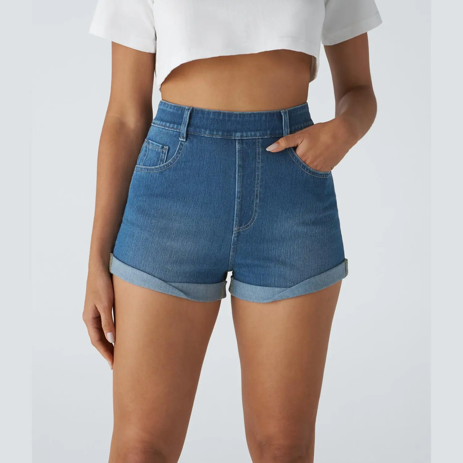 Halara Halara Flex High Waisted Multiple Pockets Rolled Hem Washed Stretchy Knit Denim Casual Shorts Halara Halara Flex High Waisted Multiple Pockets Rolled Hem Washed Stretchy Knit Denim Casual Shorts