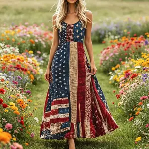 Womens Loose Dress USA 250 Patriotic Floral Print Streetwear Outfit 2026 Independence Day Casual Versatile Sundress Red White Blue Trendy Summer Party Dress Edgy Holiday Look Relaxed Fit 4th of July