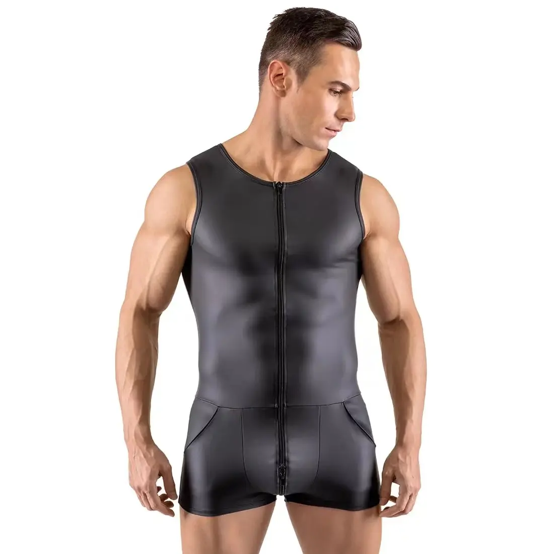Men's Sexy Patent Leather Bodysuit with Triple Zippers and Dual Pockets Fabric Garment