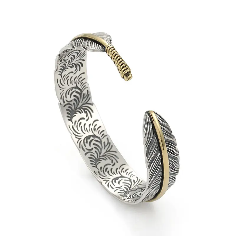 Vintage Feather Cuff Bracelet for Men - Adjustable Open Bangle, Trendy Stack Bangle, Metal Coating Costume Jewelry, Everyday Wear Accessory, Ideal Gifts for Him Mens Gifts