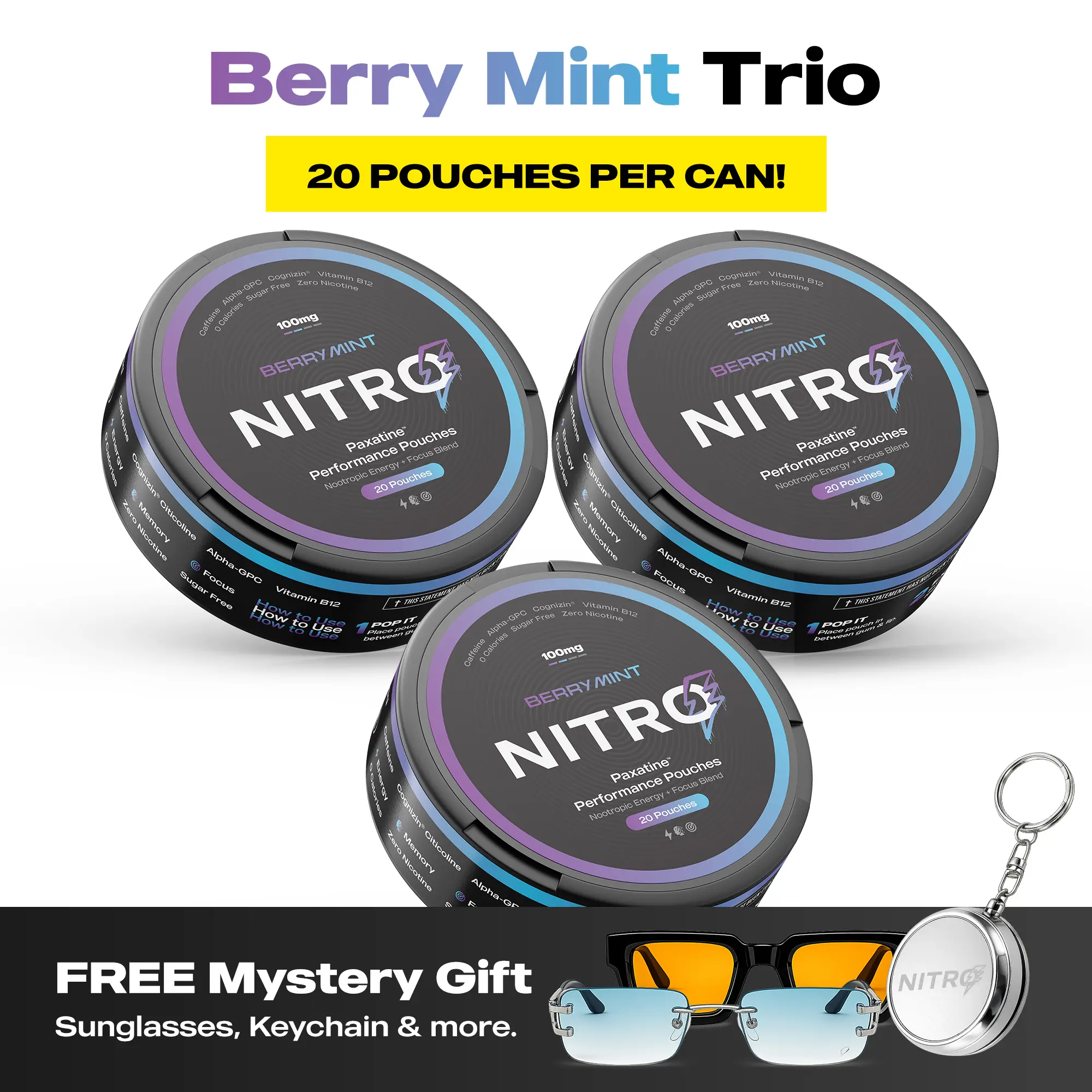 Nitro Nootropic Energy Pouches - Energy + Focus Pouches - 100mg Caffeine, Alpha GPC, Cognizin Citicoline, L-Theanine, Vitamin B12 - No Sugar, Nicotine-Free - 20 Pouches Per Can - 3 Pack - Berry Mint