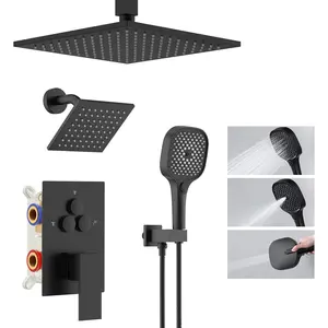 Shower System Matte Black Ceiling Mount Shower Faucet Set with 10 Inch Shower Head, Push Button Diverter Shower Fixtures with 3 in 1 Handheld,6 Inch Shower Head【All Functions Simultaneous Use】