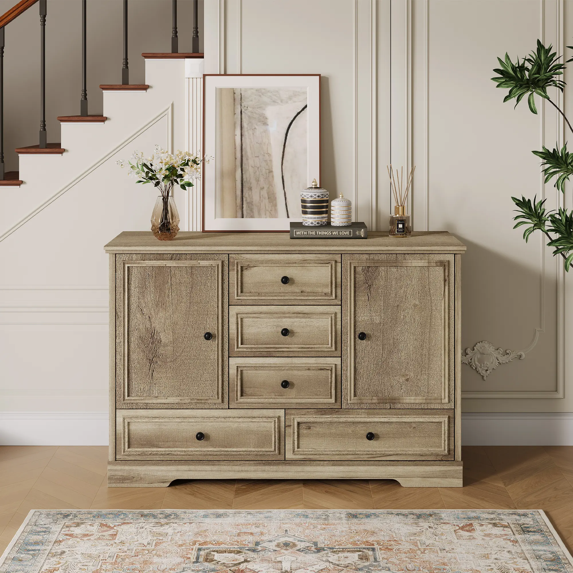 OP-Garvee Modern Classic  Sideboard Buffet Cabinet with 5 Drawers and 2 Doors, 47" Kitchen Storage Cabinet, Wood Coffee Bar Cabinet with Adjustable Shelves for Dining Room Living Room