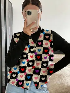 Plaid Colorblock Heart Print Open Front Button Knit Sweater Vest, Casual Sleeveless Cardigan for Spring Summer Fall Winter