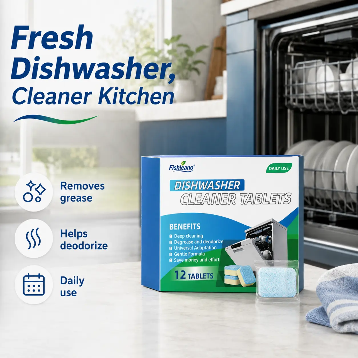 12 Count Dishwasher Cleaner Tablets, Deep Cleaning & Deodorizing Formula, Removes Limescale, Hard Water Stains, Calcium Buildup & Odors, Heavy Duty Dishwasher Descaler Pods, Gentle Appliance Cleaning Solution