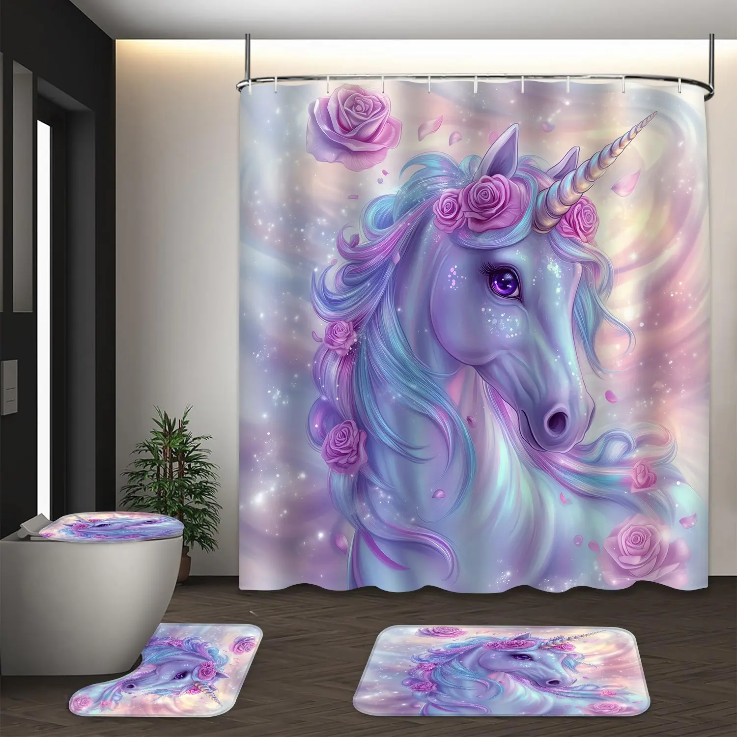 LVRLVR 4Pcs Unicorn Rose Glitter Print Whimsical Fantasy Multi-Color Shower Curtain Set 70.8×70.8 Inch