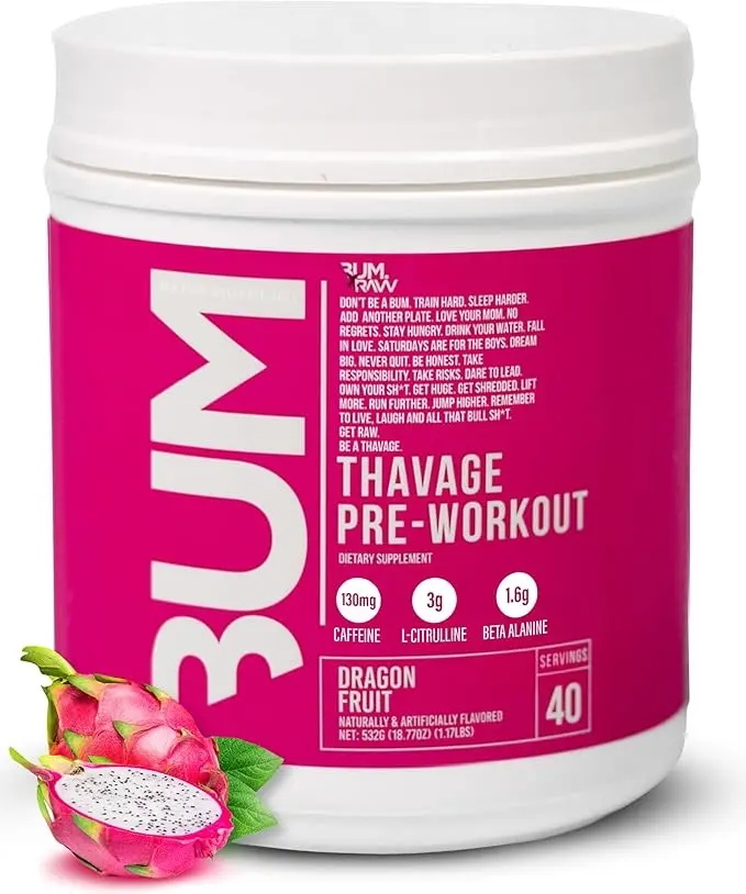 BUM Thavage Pre-Workout Powder - Dragon Fruit Flavor, 40 Servings, 532 g, Energy-Boost Fitness Nutrition Supplement