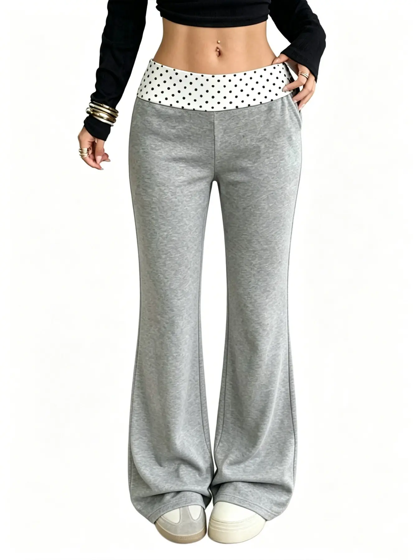 Y2K Low-Waist Polka Dot Flare Sweatpants, Retro Bow Design, Soft Fabric, Ideal for Streetwear & Festivals, All-Season Casual Pants