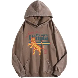 Sunland Women's "My Own Utopia" Print Acid Wash Cotton Hoodie - Long Sleeve, Oversized Loose Fit, Winter Warm, Fashionable, Comfortable Fabric Streetwear Tunic