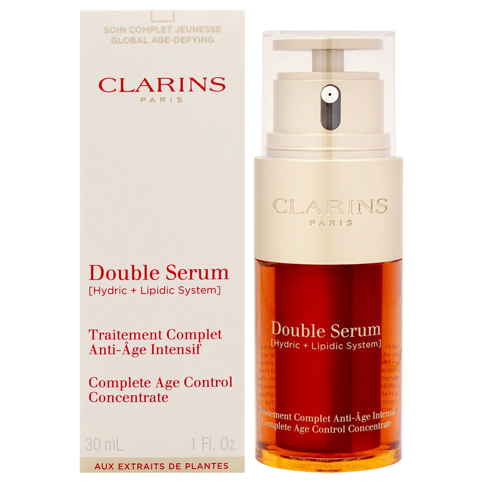 Clarins Double Serum Complete Age Control Concentrate, Unisex Anti-Aging Serum - 1 fl oz (30ml) Bottle, 1 to 1.9 fl oz Size Range