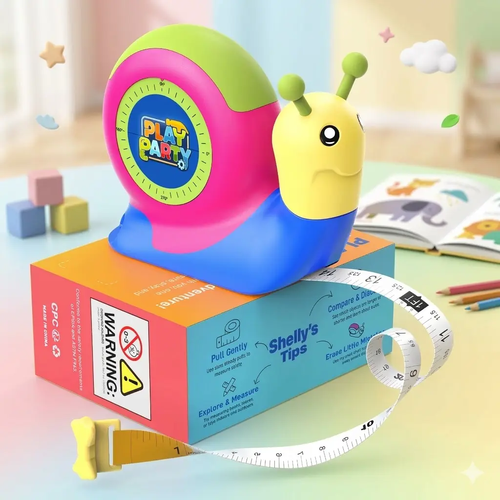 Snail Kids Compact Measuring Tape Toy - 4-in-1 Unisex Toddler STEM Maths Learning Tool, Retractable Ruler, Level, Angle Finder, Eraser - Boys Classroom Craft Projects Party Favors Gift