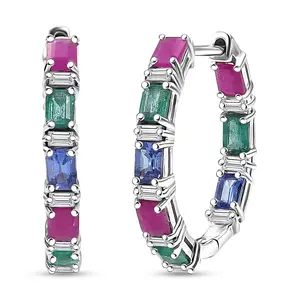Premium Emerald and Multi Gemstone 4.50 ctw Floral Vine Hoop Earrings in Rhodium Over Sterling Silver Christmas Gifts