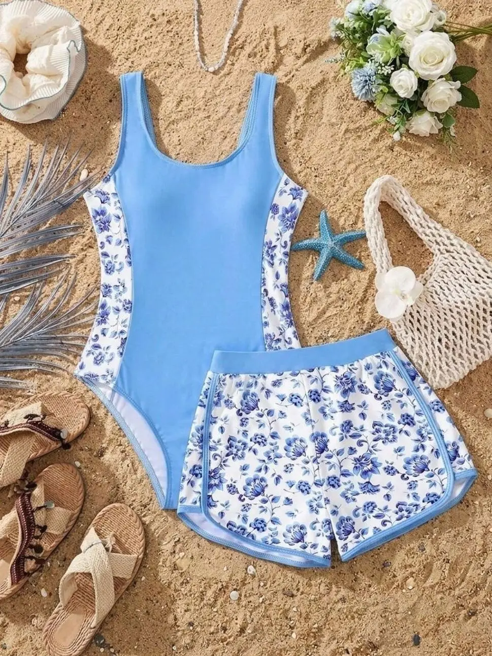 Tween Girl Floral Patchwork Swimsuit & Shorts Set, Striped Two-Piece Casual Beachwear