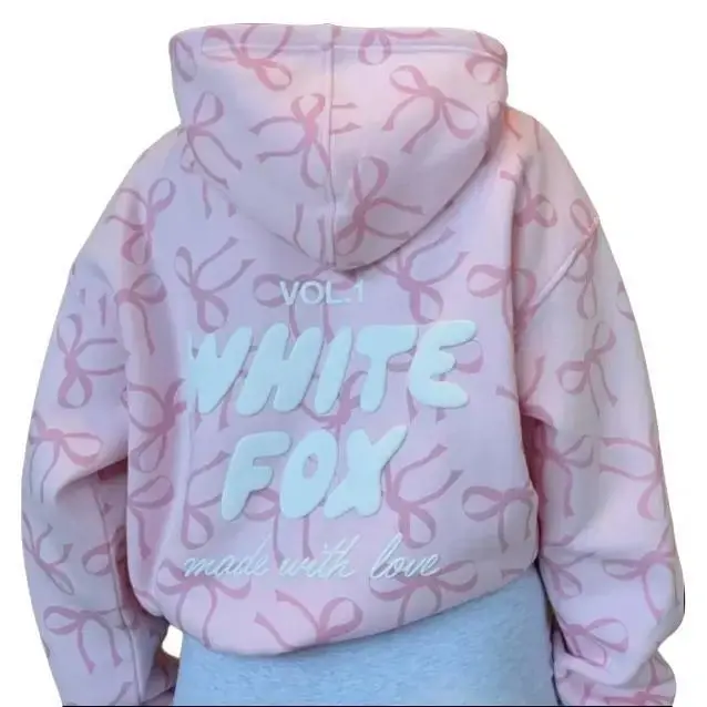 White Fox Vol.1 Leopard Bow Hoodie, All Over Print Pullover, Sporty Gift for Friends, Trendy Unisex Streetwear