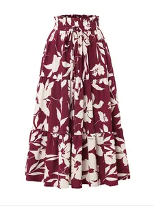 Women's Floral Print Midi Skirt, Elastic Waist Stretchy Faux Drawstring Design, Elegant Versatile Knee-Length Half-Sleeve Dress, Spring Summer Casual Outdoor Wear Bottom