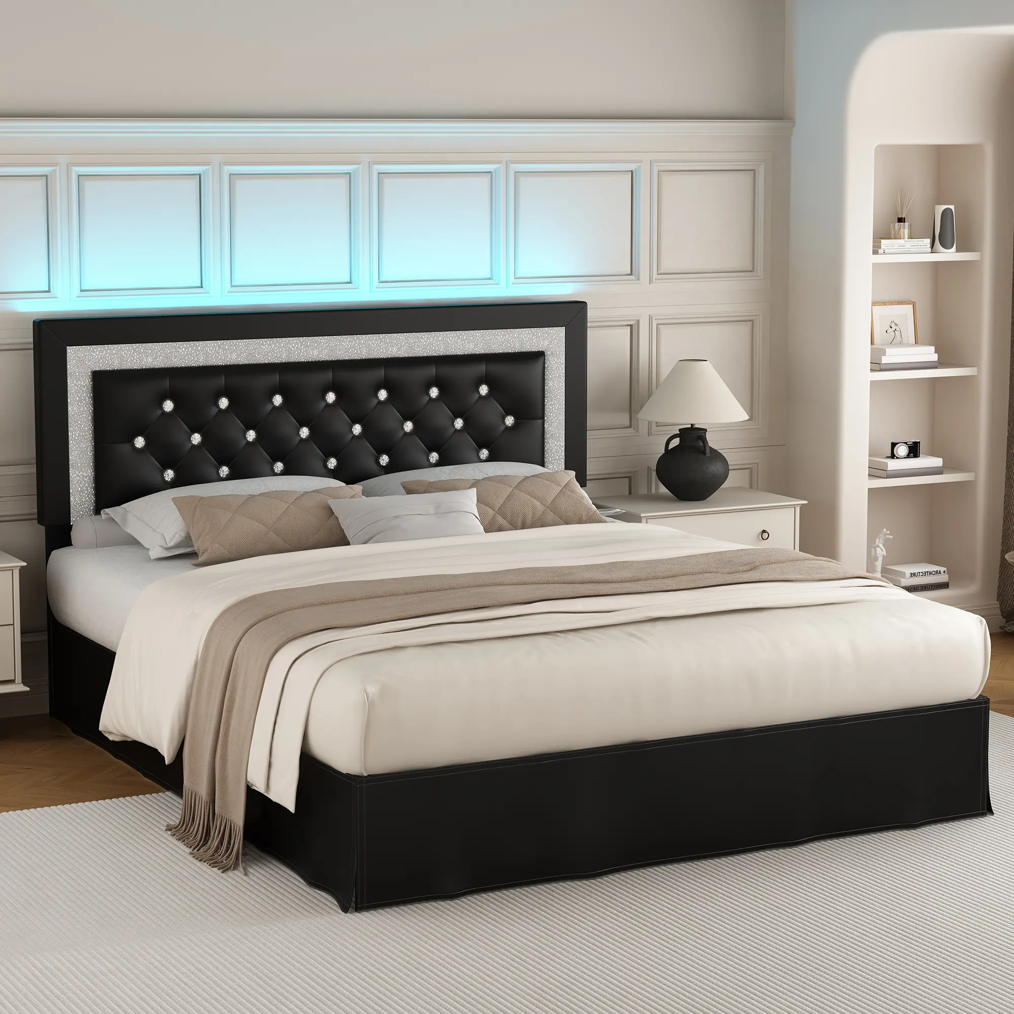 SIBEDS Queen LED Bed Frame with Crystal Diamond Tufted Headboard, Luxury Upholstered Platform Bed with Elegant Skirt Design & Adjustable Headboard, Modern Furniture Store Style Bed Frame, Wooden Slats Support, No Box Spring Needed, Easy Assembly