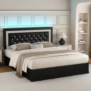 SIBEDS Furniture Store Style Bed Frame with Adjustable Headboard, Upholstered Platform with LED Lights and Skirt, Diamond Tufted Crystal Button Upholstered Foundation with Wooden Slats, Easy Assembly, Black/White/Grey/Christmas Gifts– Cama con Luces LED