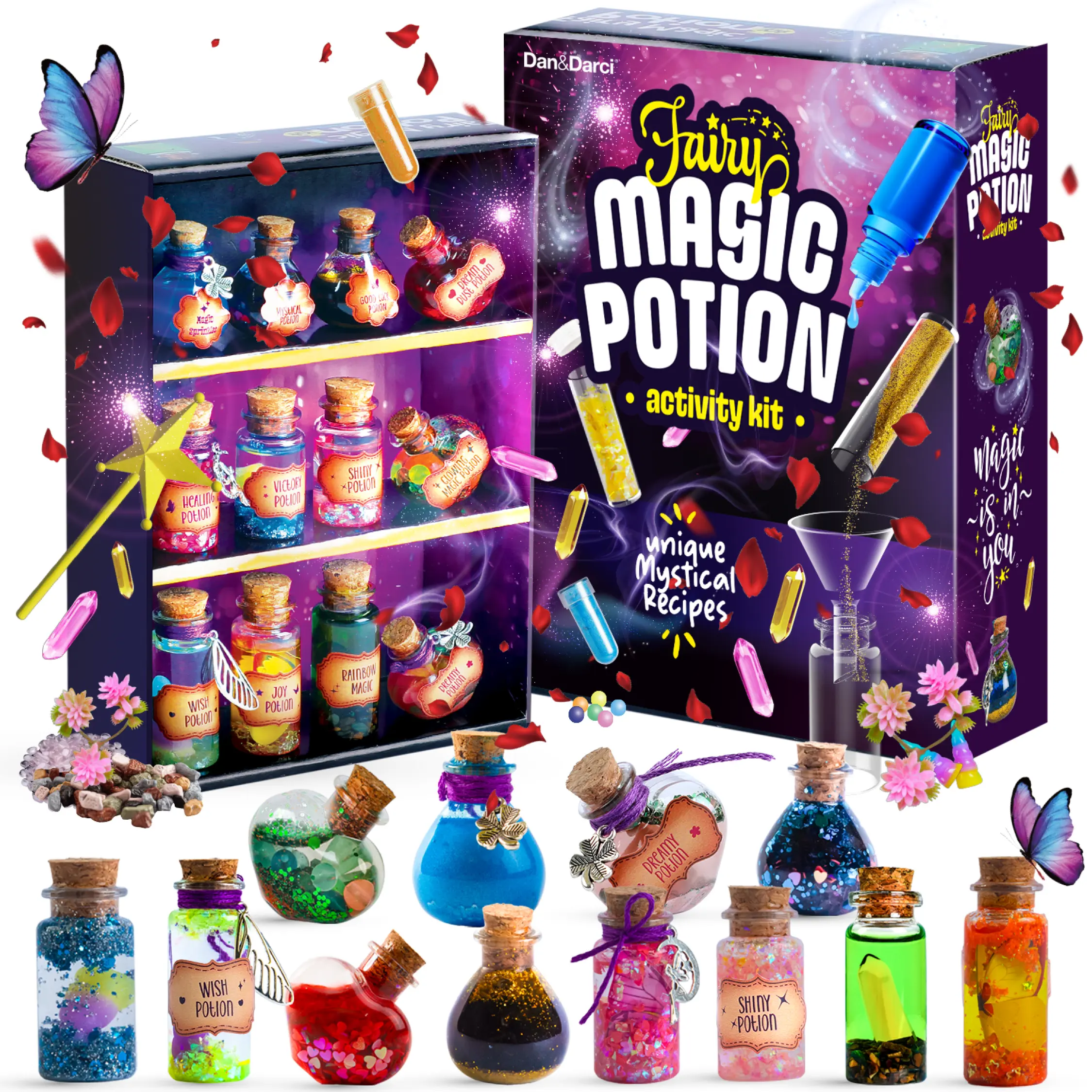 Dan&Darci Fairy Magic Potion Kit for Kids Ages 8+, 12 Enchanting Magical Theme DIY Science Experiment Set with Safe Plastics Vial Bottles, Craft Supplies