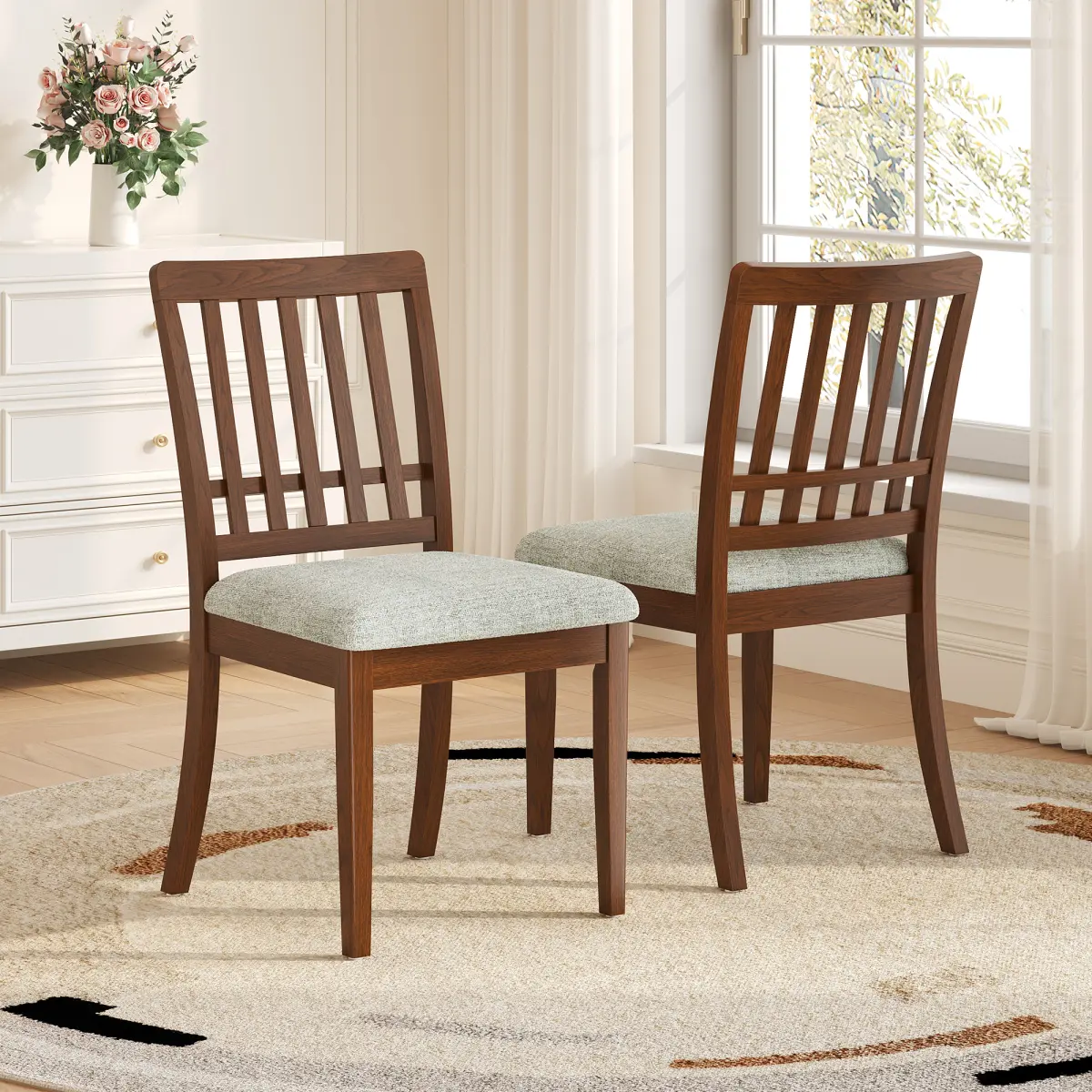2-Piece Modern Scandinavian Dining Chairs, Curved Wood Backrest with Gray Fabric Seat, Finish for Dining Room and Apartment, Easy to Assembly -BROWN