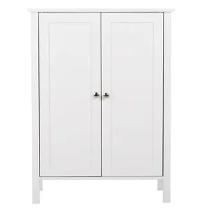 White MDF Wood 2-Door Free-Standing Bathroom Storage Cabinet - 3-Shelf Waterproof Indoor Furniture, Modern Minimal Design, Quick Setup for Home Organization,summerwins