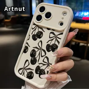 Case Compatible for iPhone 17 Pro Max Air Promax Black Cherry Pattern TPU Silicone Camera Protective Rugged Cellphone Cover for Girl
