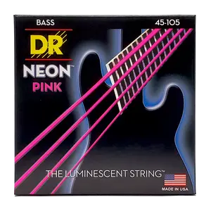 DR Strings NEON Pink Bass Strings Gauge 45-105 Round Core Steel Wrap Guitar & Bass Accessories for 34 to 35" Scales with Classic DR Sound