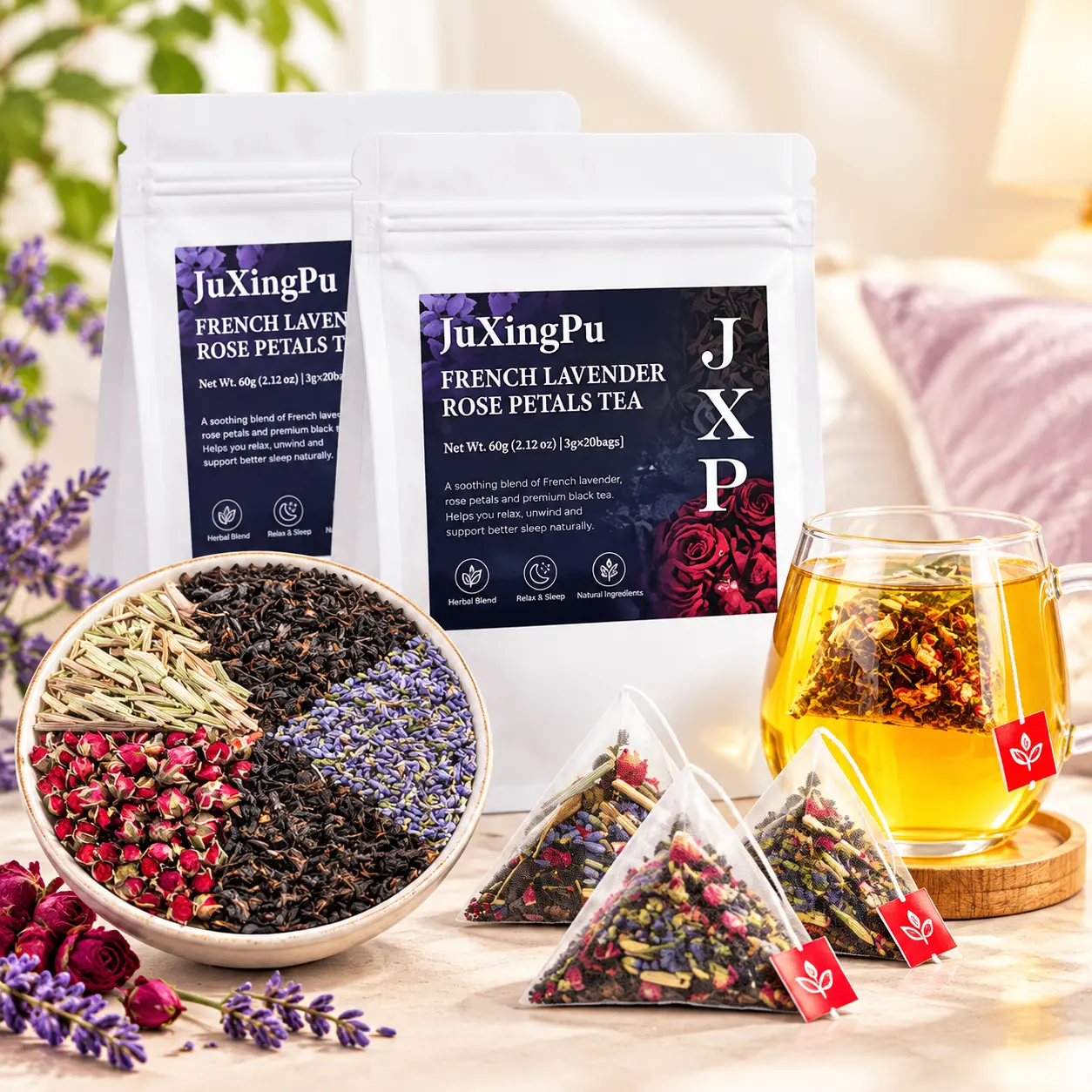 Lavender Rose Black Tea; contains 20 tea bags (100g); a soothing and relaxing black tea blend.
