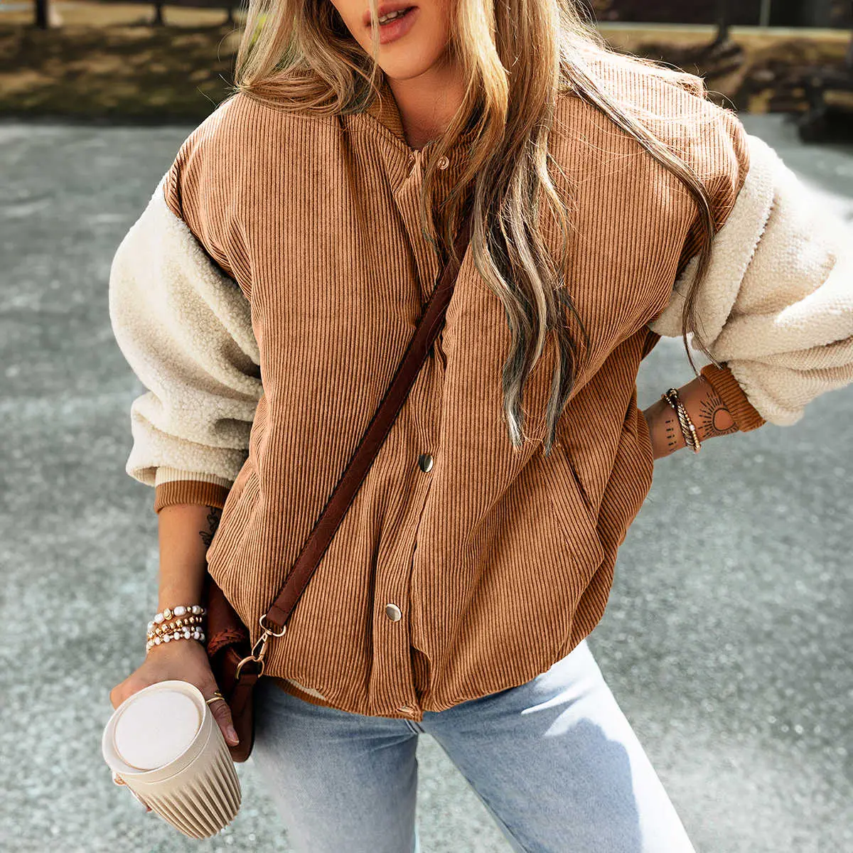 Buckskin Corduroy Fleece Patchwork Buttoned Bomber Jacket