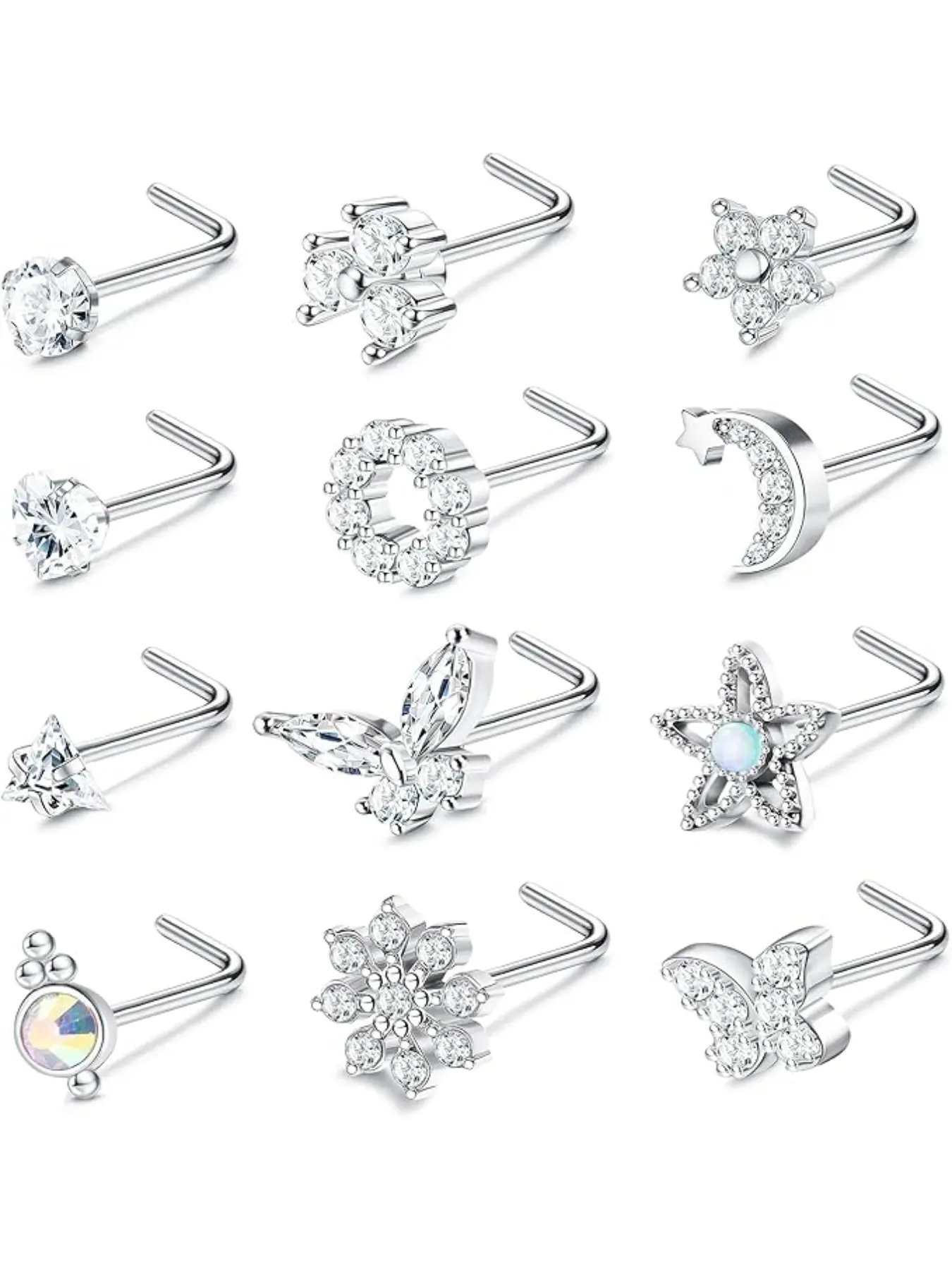 9-12 Pieces Nose Studs 316L Stainless Steel Set, High Quality Jewelry, Nose Stud L Shape, Nose Piercing Plug, Flowers Butterflies Heart Nose Stud, Piercing Helix Plug for Women Men 20G, Nose Piercing Jewelry