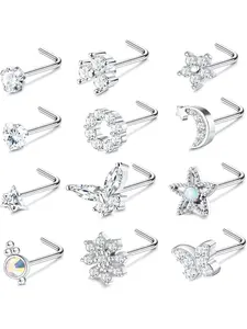 9-12 Pieces Nose Studs 316L Stainless Steel Set, Nose Stud L Shape, Nose Piercing Plug, Flowers Butterflies Heart Nose Stud, Piercing Helix Plug for Women Men 20G, Nose Piercing Jewelry