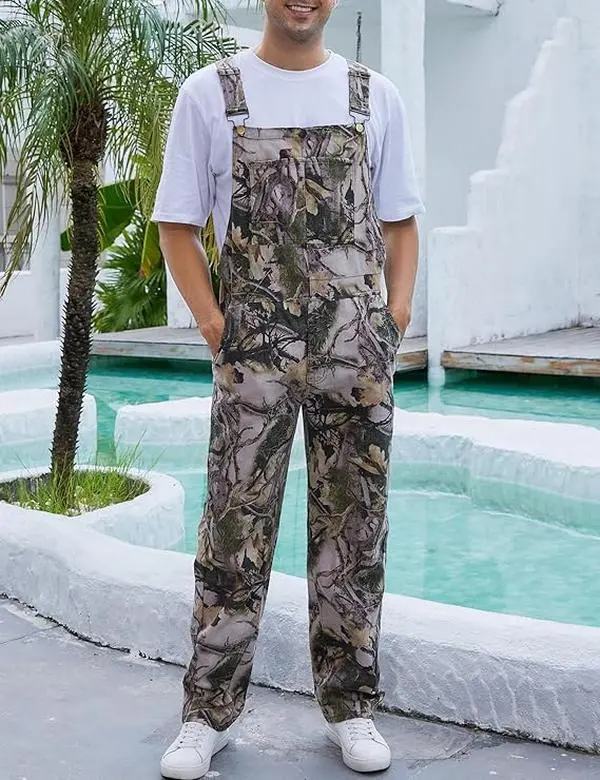 Yuanbang Men's Loose Leaf Pattern Adjustable Denim Overalls, Fashion Camo Bibs Coveralls with Pockets, Outdoor Wear Jumpsuit with zipper, Fall Winter Menswear