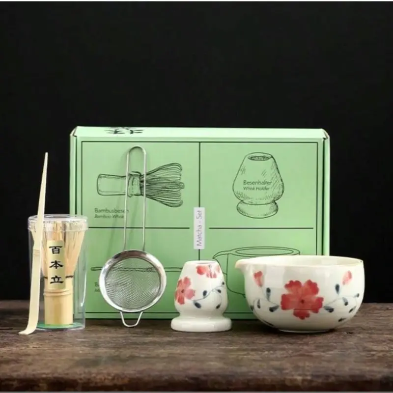 Hand-Painted Matcha Bowl Tool Set, Includes Tea Stirrer, Perfect Gift for Matcha Lovers & Tea Enthusiasts, High-Quality Ceramic, 5 Piece Set, Tea Making Tools