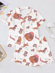 Monkey 2-piece set of children's cartoon parent-child monkey printed pajamas, a new flame-retardant contrasting color collar cardigan short sleeved top and loose elastic waistband short sleeved shorts style casual set, printed with cute parent-child monke