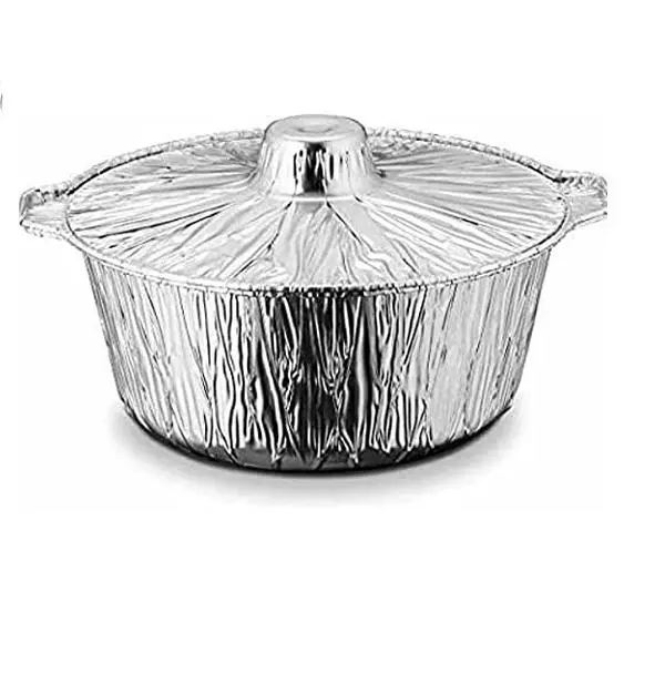 Food-Grade Aluminium Foil Disposable Round Cookware Set, 5-Piece Compact Size Round Pots, Travel & Outdoor Camping Kitchenware for Hotpot Takeaway