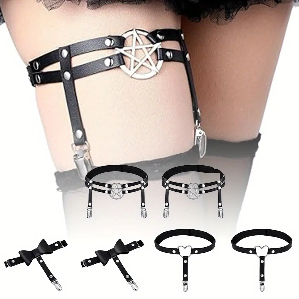 6 Pieces Thigh High Garter Belt Heart Star Shaped Butterfly Knot Punk Leg Garter with Anti Slip Clips Elastic Punk Gothic Adjustable Thigh Ring for Women summerwins