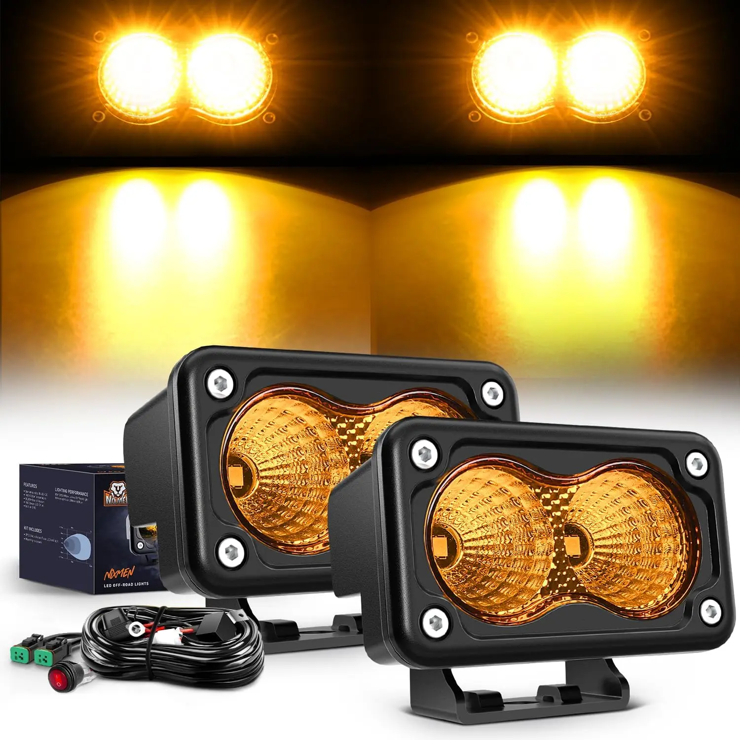 Nilight Motorcycle LED Headlights - 2PCS 3In Amber Flood Beam Adjustable Pods, 1070LM High Lumen, Waterproof Snowproof Offroad Fog Lights, 18AWG DT Plug Play Wiring Harness Kit for ATV, Trucks