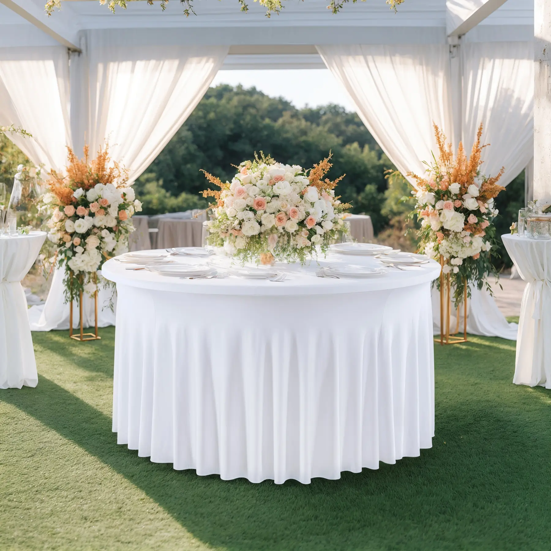 Polyester Spandex Round Fitted Tablecloth - 60-72 in Wrinkle-Free Contemporary Table Cover with Skirt, Party Accessory for Wedding & Birthday Festive Decor Supplies