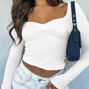 Womenswear Blouses Plain Ruched Split Sweetheart Neck Crop Tee Casual Long Sleeve T-shirt for Daily Wear Basic Vintage Tops Ladies Clothes Outfits Cute Chic Cropped Elastic Polo Minimalist Soft Tshirts Feminine Short thermal long sleeve compression shirts