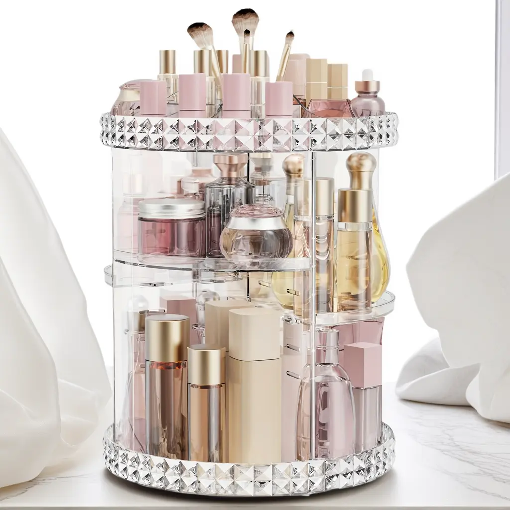 360° Rotating Clear Acrylic Spinning Makeup Organizer - Large Capacity Storage with Removable Trays for Vanity, Bathroom Essentials