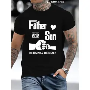 Father and Son Matching T-Shirts- "FATHER AND SON" Quote with Fists Beating Design, Crew Neck, Short Sleeve- Perfect for Casual Wear, Father'S Day, Spring/Autumn, Everyday Tshirt